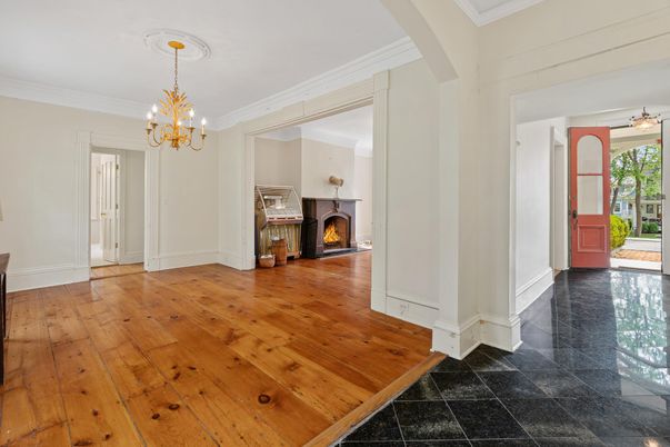 Chandelier, Empty room, Fireplace, Interior, Wood Texture Flooring