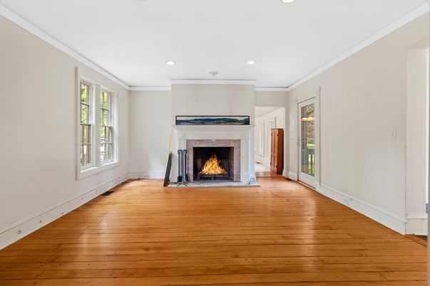 Empty room, Fireplace, Interior, Recessed Lighting, Wood Texture Flooring
