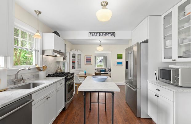 Dining room, Interior, Kitchen, Pendant Lights, Stainless Steel Appliances, Wood Texture Flooring