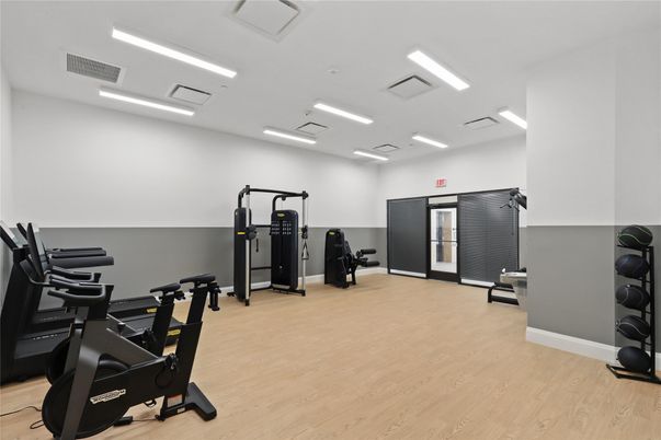 Fitness Equipment, Gym, Interior, Recessed Lighting, Wood Texture Flooring