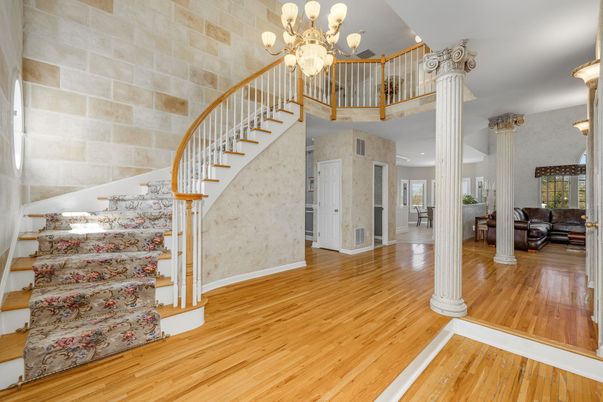 Chandelier, Interior, Stone Walls, Wood Texture Flooring