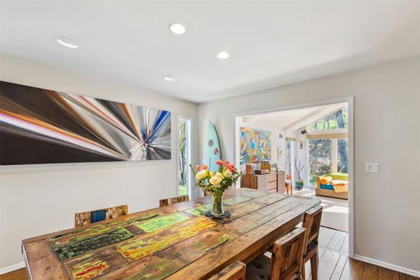 Dining room, Interior, Recessed Lighting, Wood Texture Flooring