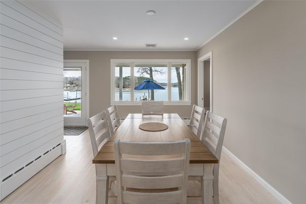 Dining room, Interior, Recessed Lighting, Wood Texture Flooring