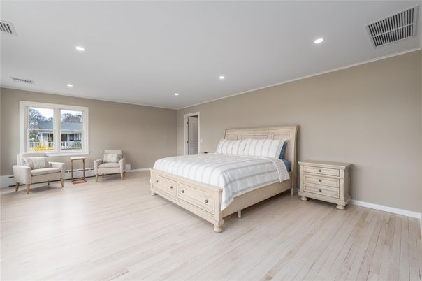 Bedroom, Interior, Recessed Lighting, Wood Texture Flooring