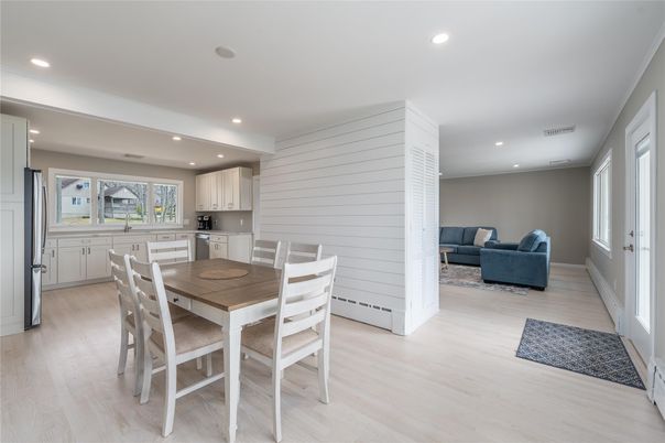 Dining room, Interior, Kitchen, Living room, Recessed Lighting, Wood Texture Flooring