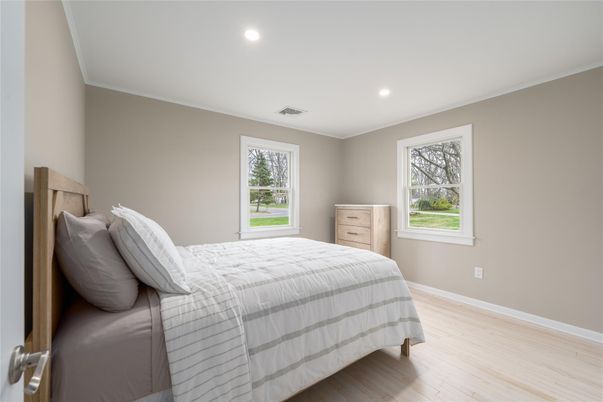 Bedroom, Interior, Recessed Lighting, Wood Texture Flooring