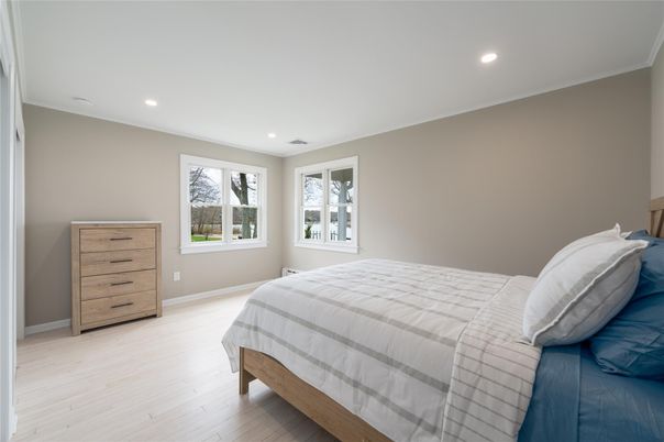 Bedroom, Interior, Recessed Lighting, Wood Texture Flooring