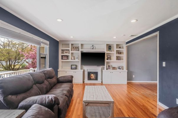 Fireplace, Interior, Living room, Recessed Lighting, Wood Texture Flooring