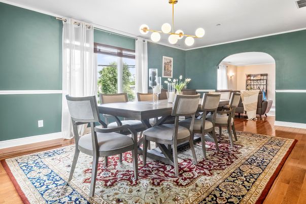 Dining room, Interior, Pendant Lights, Wood Texture Flooring