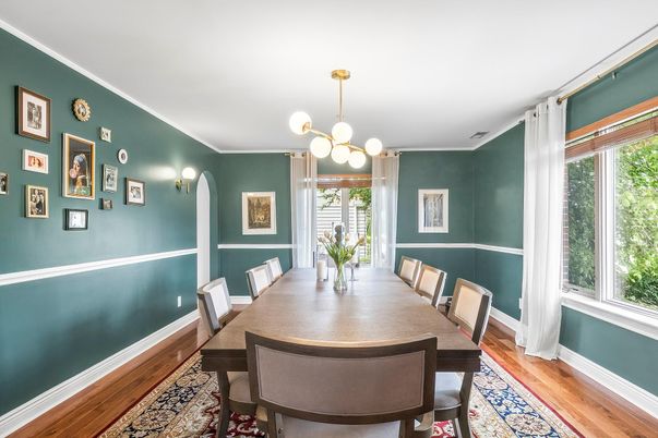 Dining room, Interior, Pendant Lights, Wood Texture Flooring