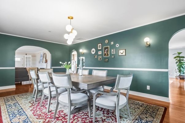 Dining room, Interior, Pendant Lights, Wood Texture Flooring