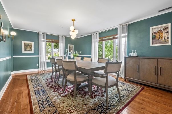 Dining room, Interior, Pendant Lights, Wood Texture Flooring
