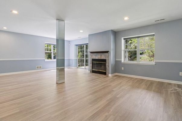Empty room, Fireplace, Interior, Recessed Lighting, Wood Texture Flooring