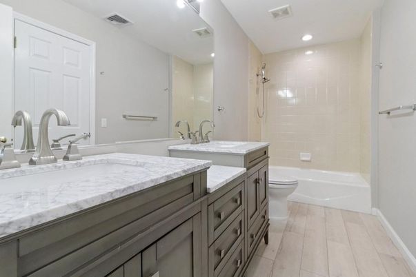 Bathroom, Dual Sink Vanities, Interior, Recessed Lighting, Wood Texture Flooring