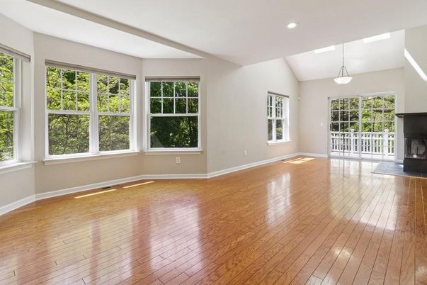 Empty room, Fireplace, Interior, Pendant Lights, Recessed Lighting, Wood Texture Flooring