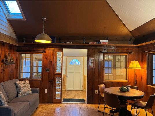 Dining room, Interior, Pendant Lights, Wood Texture Flooring, Wooden Walls