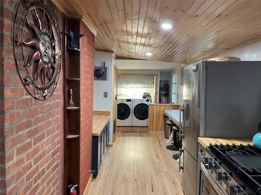 Interior, Kitchen, Recessed Lighting, Stone Walls, Washer, Wooden Ceilings, Wood Texture Flooring
