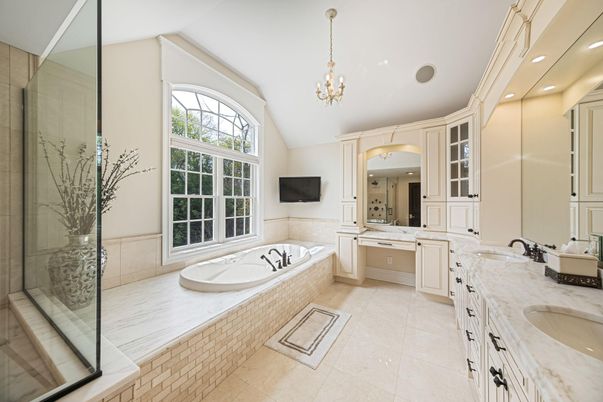 Bathroom, Chandelier, Dual Sink Vanities, Glass Shower, Interior, Recessed Lighting