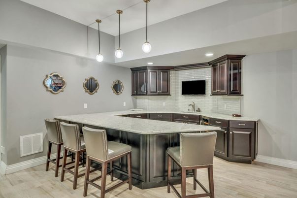 Interior, Kitchen, Pendant Lights, Recessed Lighting, Stone Walls, Wood Texture Flooring