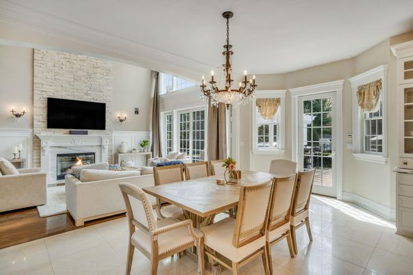 Chandelier, Dining room, Fireplace, Interior, Living room, Stone Walls