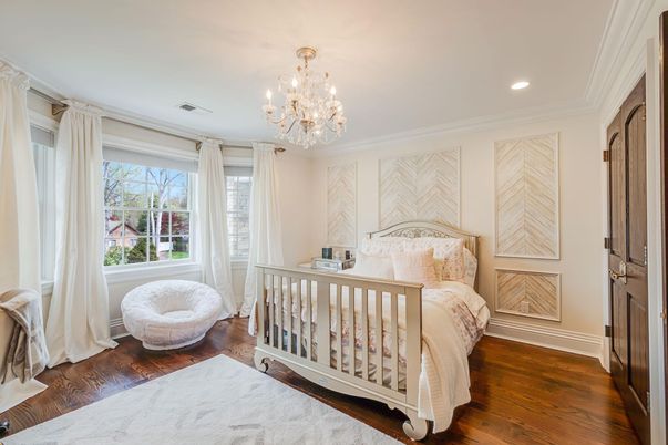 Bedroom, Chandelier, Interior, Recessed Lighting, Wood Texture Flooring