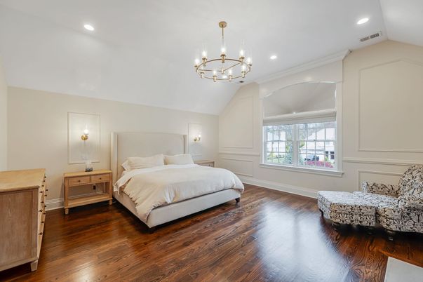 Bedroom, Chandelier, Interior, Recessed Lighting, Wood Texture Flooring