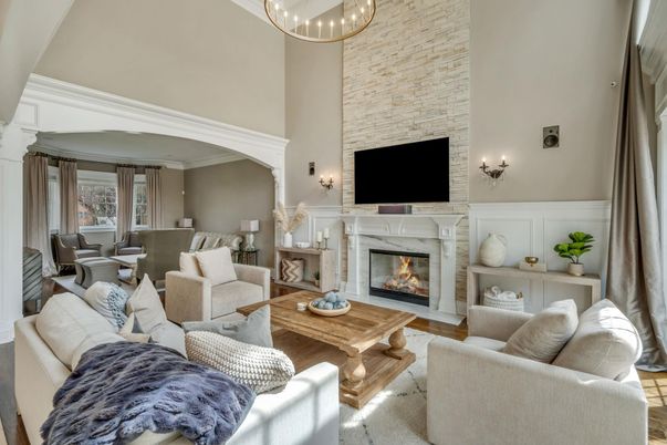Dining room, Fireplace, Interior, Living room, Stone Walls, Wood Texture Flooring