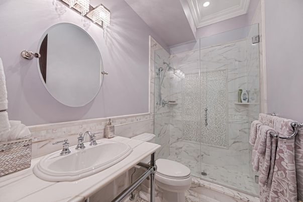 Bathroom, Glass Shower, Interior, Marble, Marble Walls, Recessed Lighting