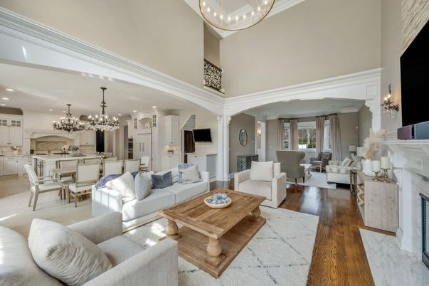 Chandelier, Dining room, Fireplace, Interior, Kitchen, Living room, Pendant Lights, Recessed Lighting, Wood Texture Flooring