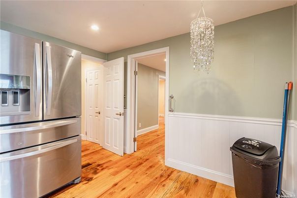 Chandelier, Interior, Kitchen, Recessed Lighting, Stainless Steel Appliances, Wood Texture Flooring
