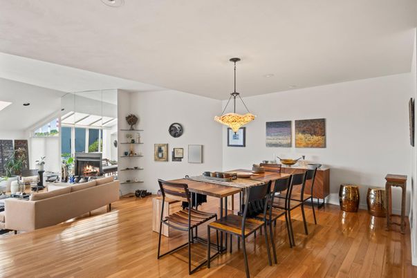 Dining room, Fireplace, Interior, Living room, Pendant Lights, Wood Texture Flooring