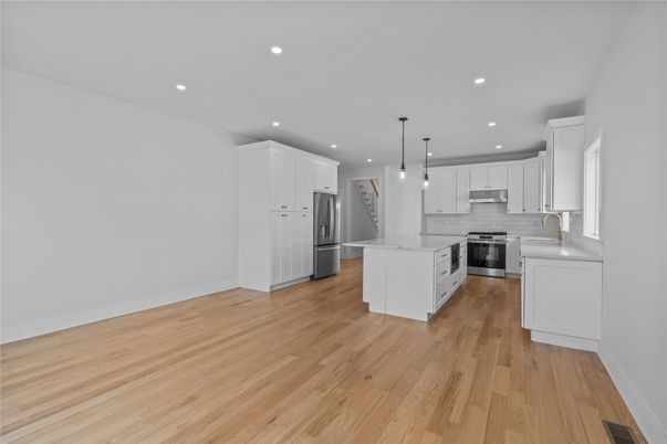 Interior, Kitchen, Pendant Lights, Recessed Lighting, Stainless Steel Appliances, Wood Texture Flooring