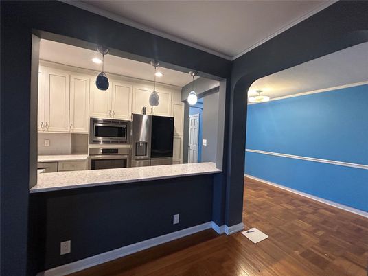 Interior, Kitchen, Pendant Lights, Stainless Steel Appliances, Wood Texture Flooring