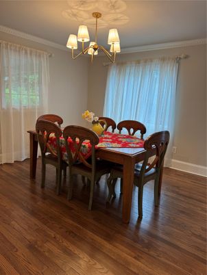 Chandelier, Dining room, Interior, Wood Texture Flooring