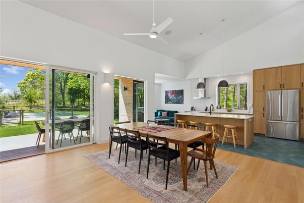 Dining room, Interior, Kitchen, Pendant Lights, Recessed Lighting, Wood Texture Flooring