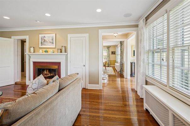 Fireplace, Interior, Living room, Recessed Lighting, Wood Texture Flooring