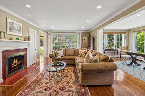 Fireplace, Interior, Living room, Recessed Lighting, Wood Texture Flooring