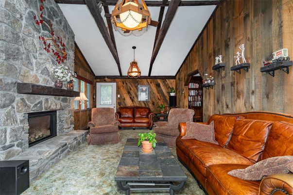 Fireplace, Interior, Living room, Pendant Lights, Stone Walls, Wooden Beams, Wooden Walls