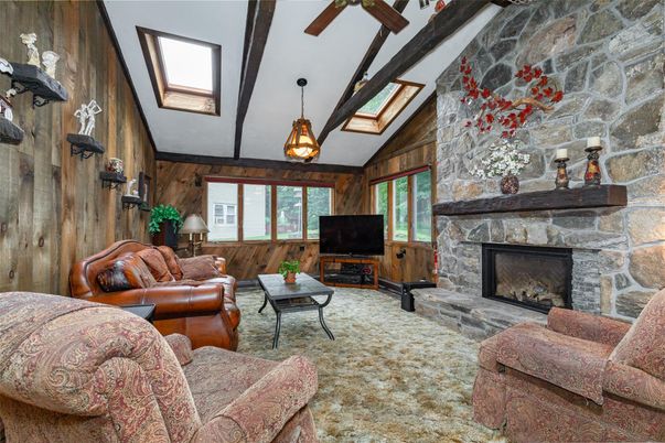 Fireplace, Interior, Living room, Pendant Lights, Stone Walls, Wooden Beams, Wooden Walls
