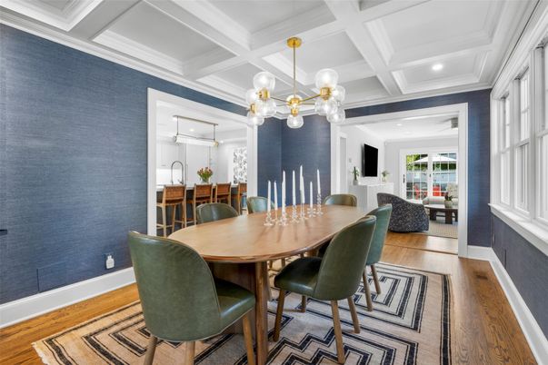 Dining room, Interior, Living room, Pendant Lights, Recessed Lighting, Wood Texture Flooring