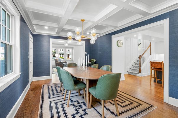 Dining room, Interior, Pendant Lights, Recessed Lighting, Wood Texture Flooring