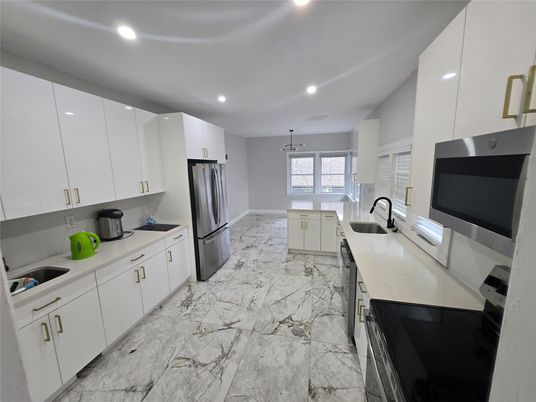 Interior, Kitchen, Marble, Pendant Lights, Recessed Lighting, Stainless Steel Appliances