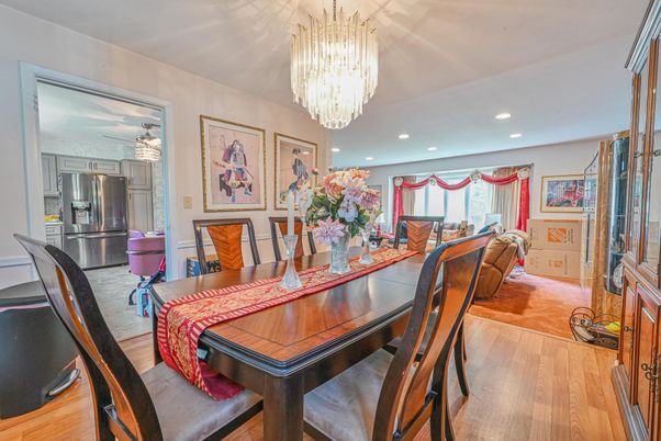 Chandelier, Dining room, Interior, Kitchen, Recessed Lighting, Stainless Steel Appliances, Wood Texture Flooring