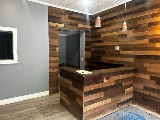 Bathroom, Interior, Pendant Lights, Wood Texture Flooring, Wooden Walls