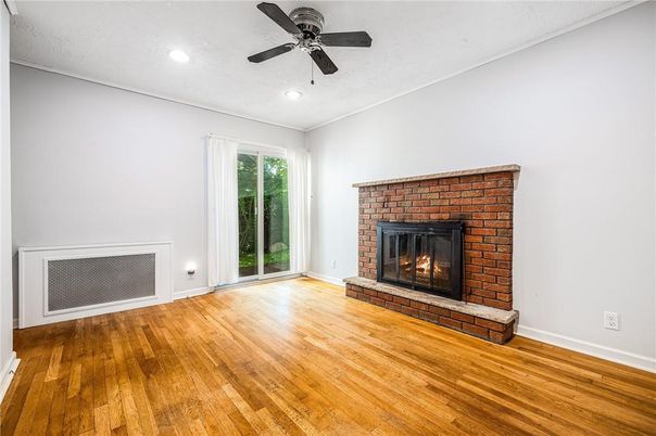 Empty room, Fireplace, Interior, Recessed Lighting, Wood Texture Flooring