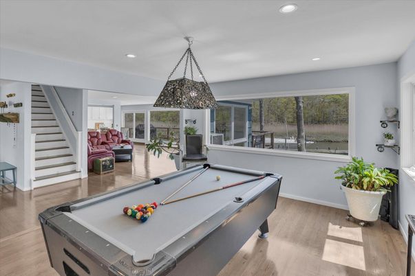 Billiard Table, Game Room, Interior, Pendant Lights, Recessed Lighting, Wood Texture Flooring