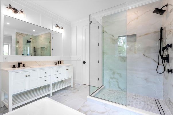 Bathroom, Dual Sink Vanities, Glass Shower, Interior, Marble, Marble Walls