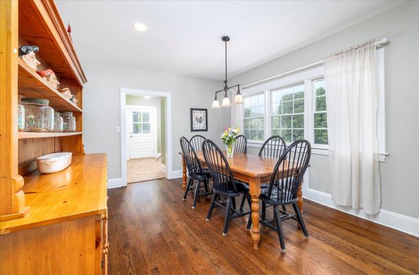 Dining room, Interior, Pendant Lights, Recessed Lighting, Wood Texture Flooring