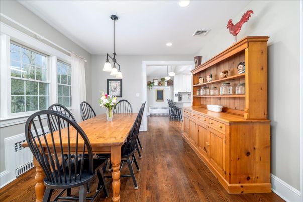Dining room, Interior, Pendant Lights, Recessed Lighting, Wood Texture Flooring