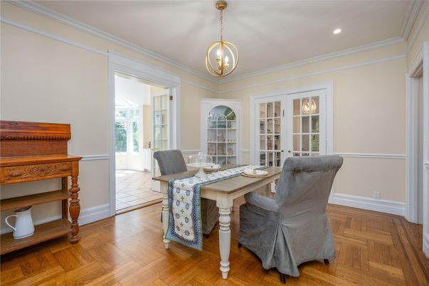 Dining room, Interior, Pendant Lights, Recessed Lighting, Wood Texture Flooring